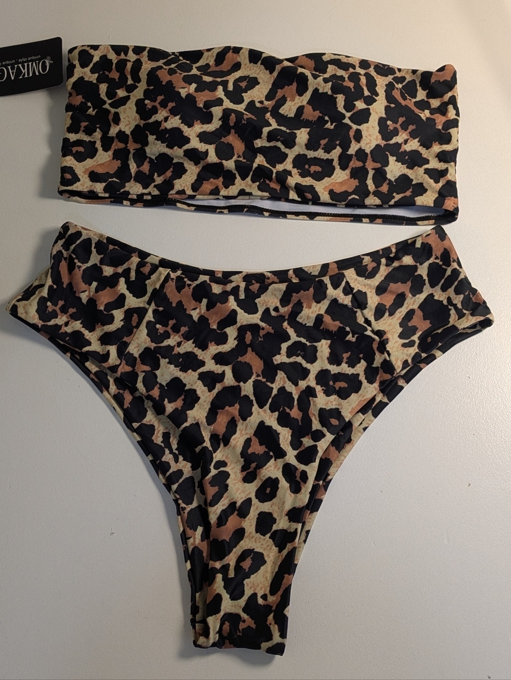 OMKAGI Women's 2 Pieces Bandeau Bikini Swimsuits Off Shoulder High Waist Leopard